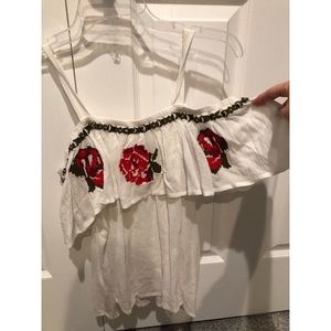 off the shoulder flowy top with flower design